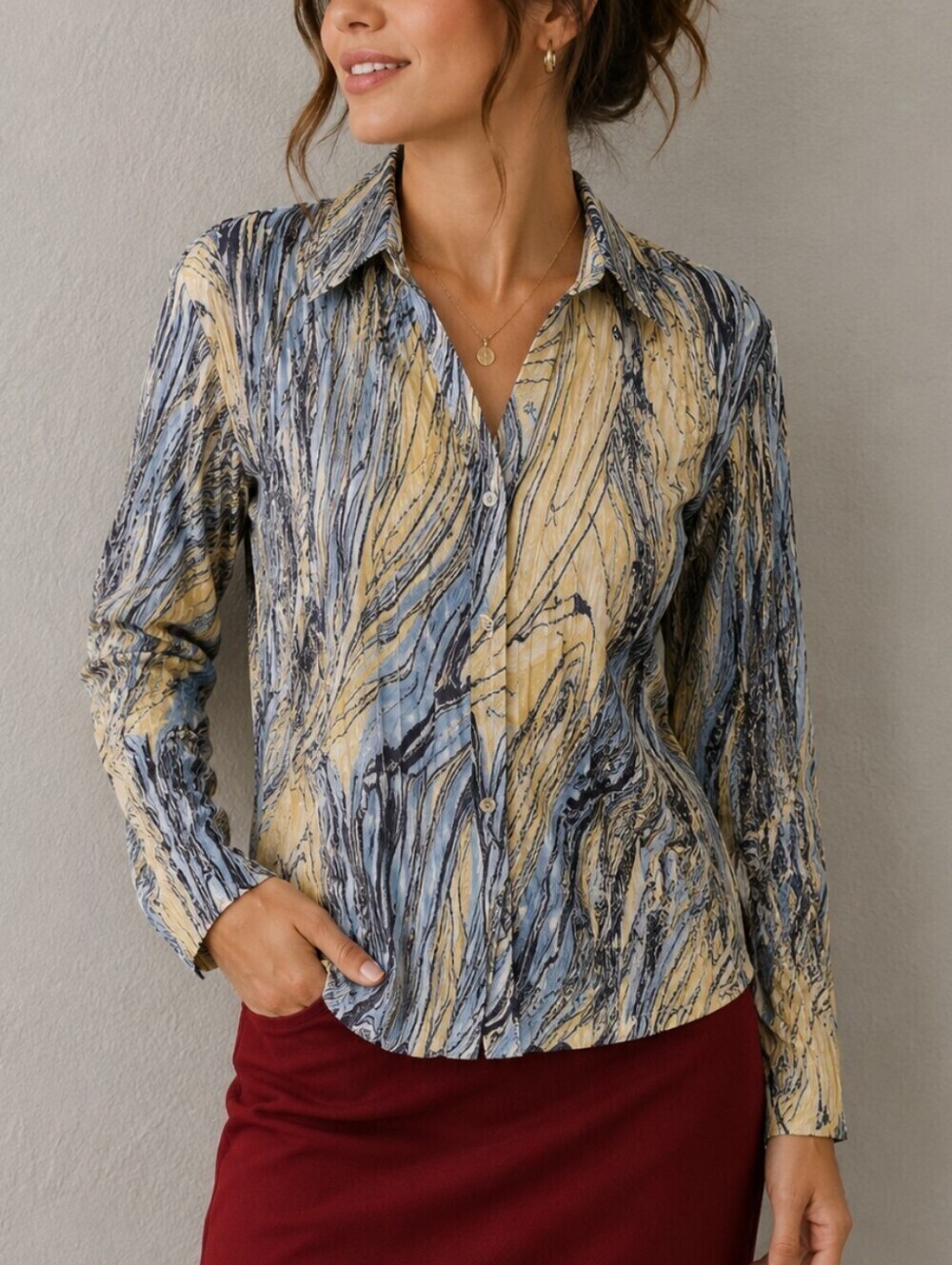 VTG NICOLA Yellow and Blue Graffiti Long Sleeve Button Down Shirt